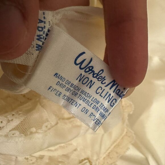 VTG 70s WORKER MAID Lace-Trim Satin Midi Slip Dress Cream UNION WORKER - Picture 7 of 10